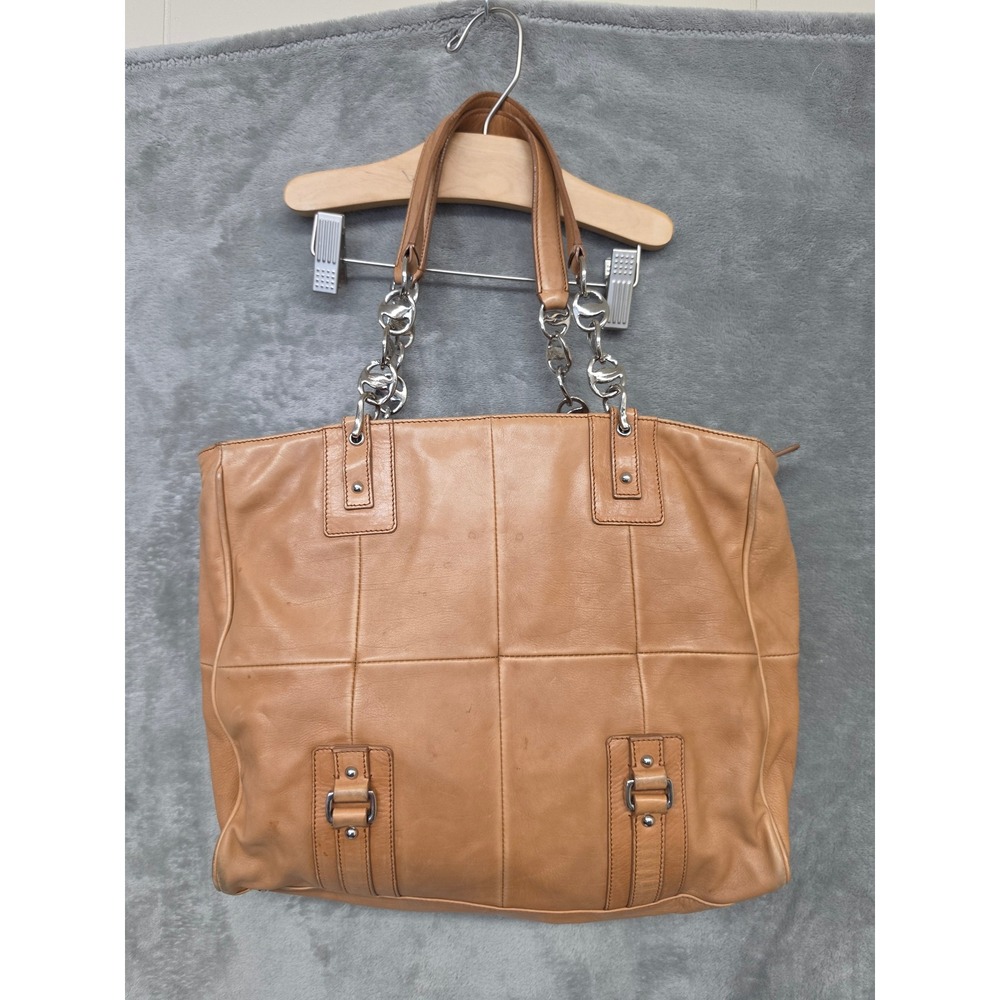 Salvatore Ferragamo Tan Leather Paneled Tote Bag Silver Chain Strap Italy